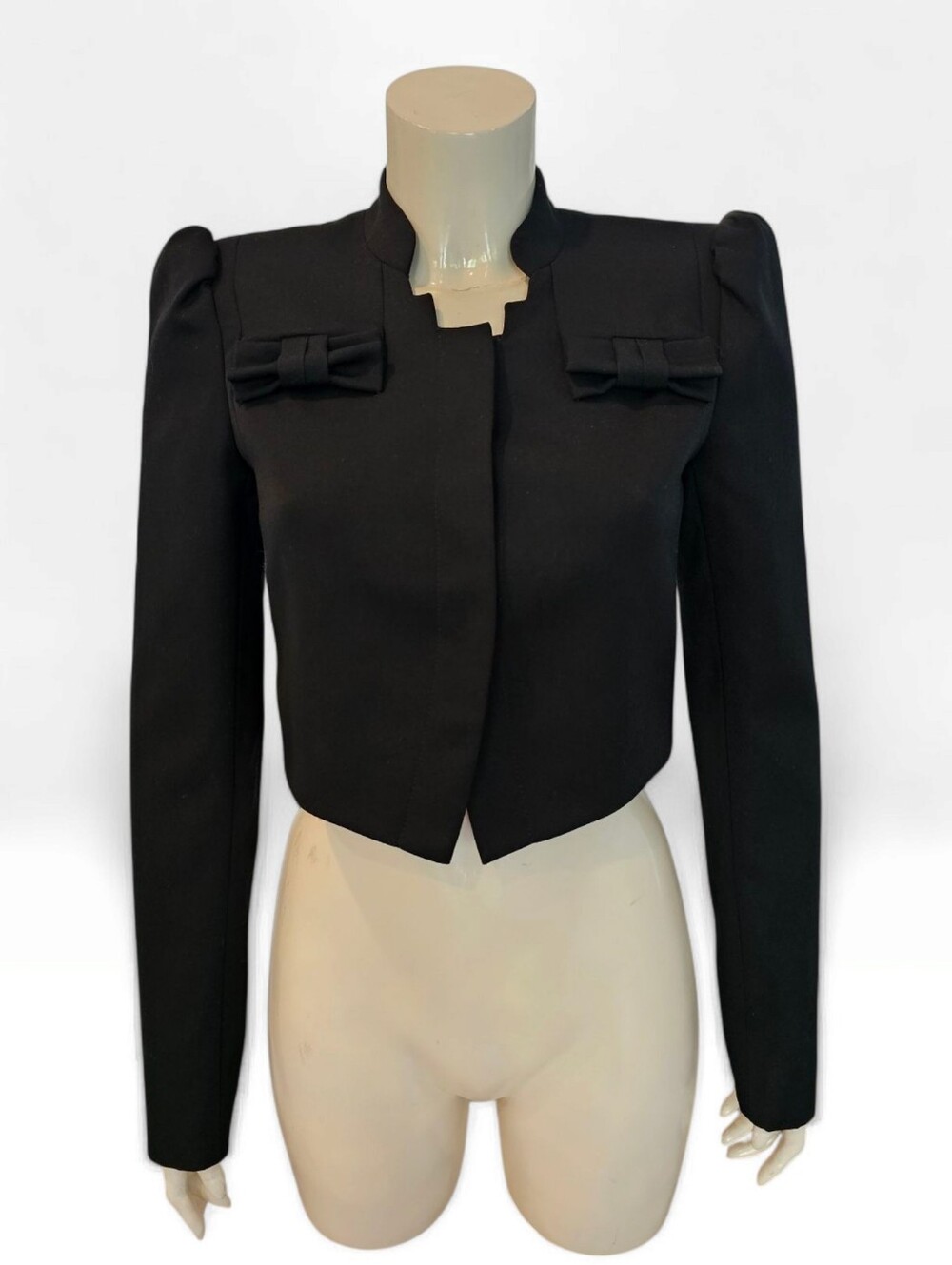 Vtg BETSEY JOHNSON Black 100% Wool Cropped Puff Sleeve Bow Jacket 4
